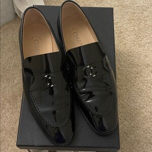 CHANEL Black Patent Leather Slip-On Loafers with CC Emblem